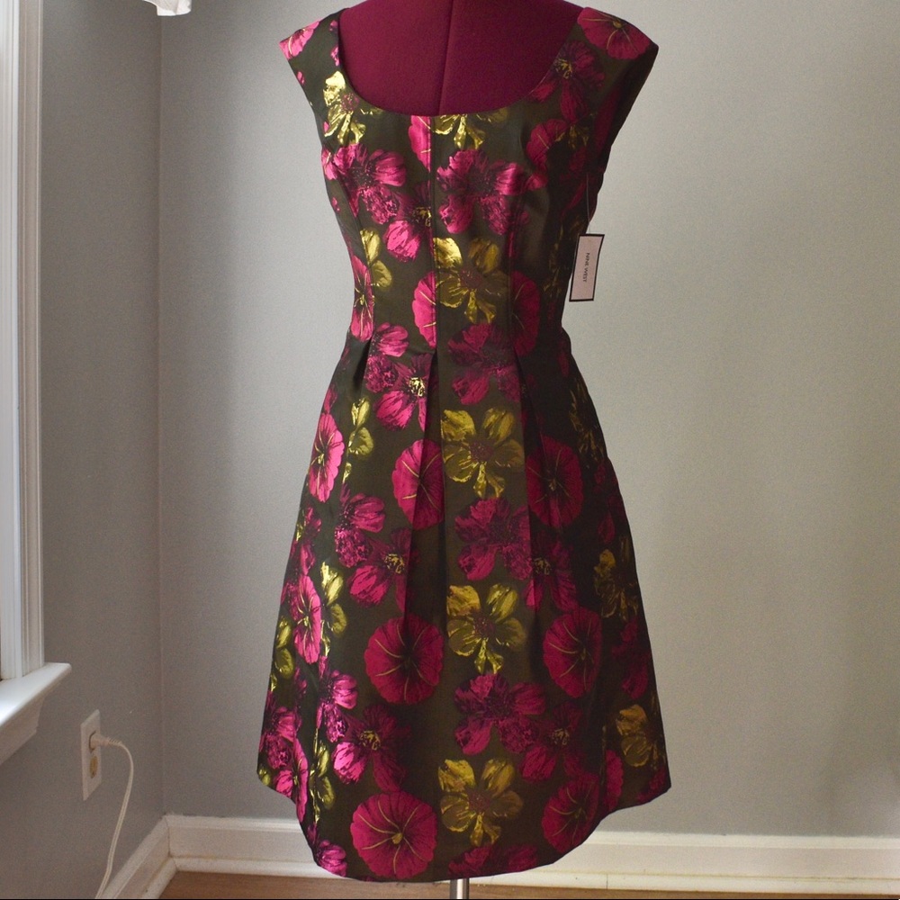 Nine West Satin Floral Fit & Flare Dress Pink Sz 4